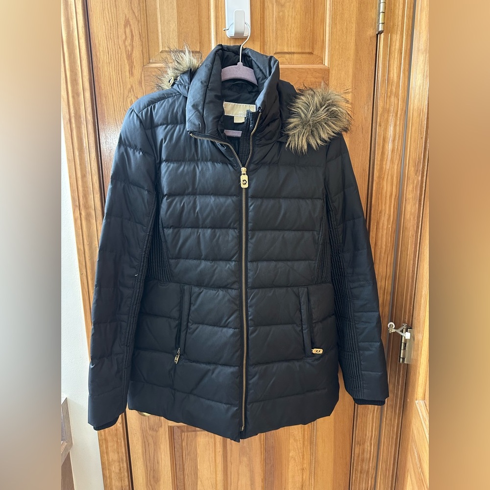 Michael Kors Black Puffer Jacket with Faux Fur Trim